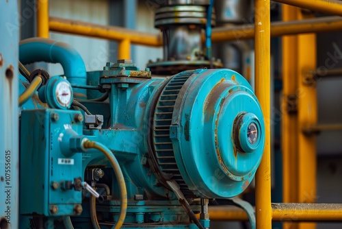 Close up of an old industrial water pump with rust and chipped paint