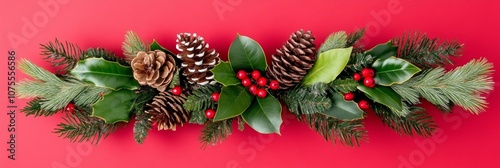 Vibrant holiday wreath with green leaves and red berries on a bold red background for classic Christmas decor