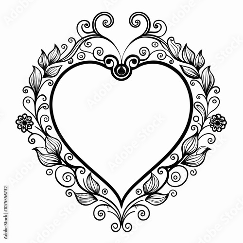 ornate floral heart frame Valentine line art vector.