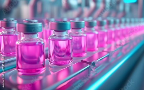 Automated Pharmaceutical Production Line with Pink Vials - Modern Manufacturing Process