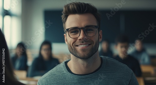 An older man in glasses stands in front of his class with a smile on his face