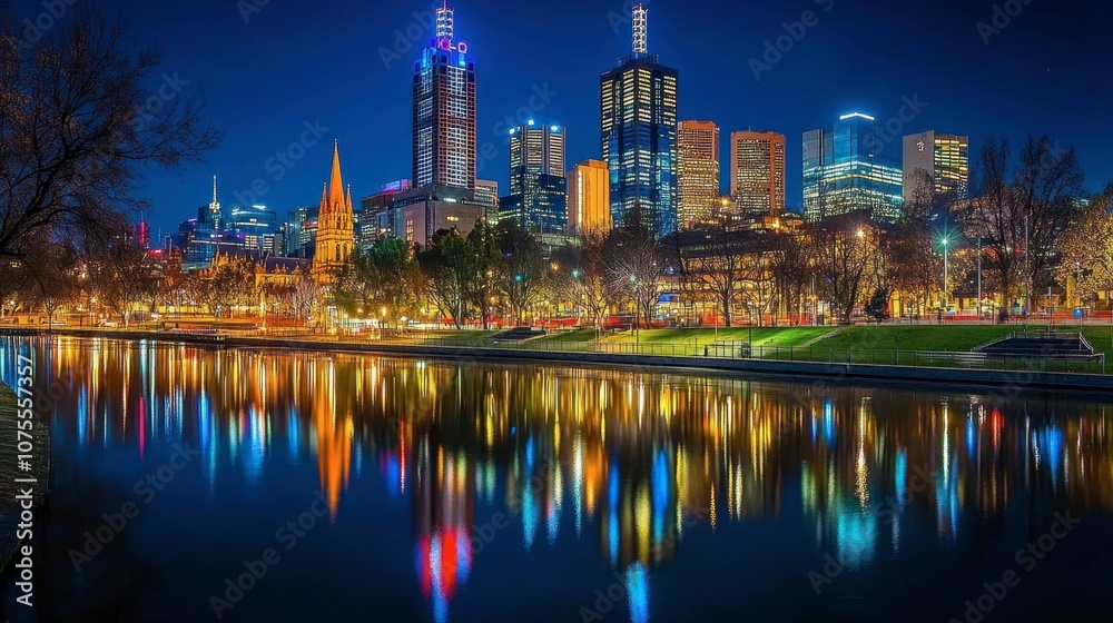 Fototapeta premium Melbourne Cityscape at Night with Reflections