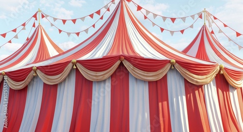 This is a red and white striped circus tent fabric with a folded top