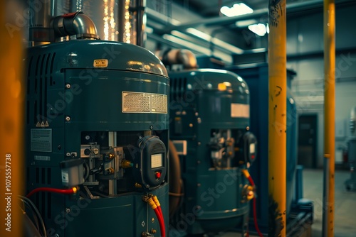 Powerful industrial water pumps standing in a factory setting, representing modern manufacturing and industrial processes