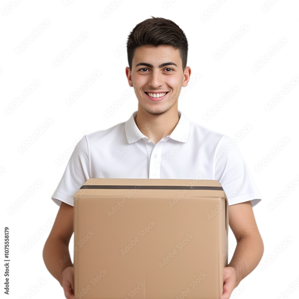 Smiling positive cheerful professional delivery person carrying a box. Smiling positive cheerful professional delivery person carrying a box.