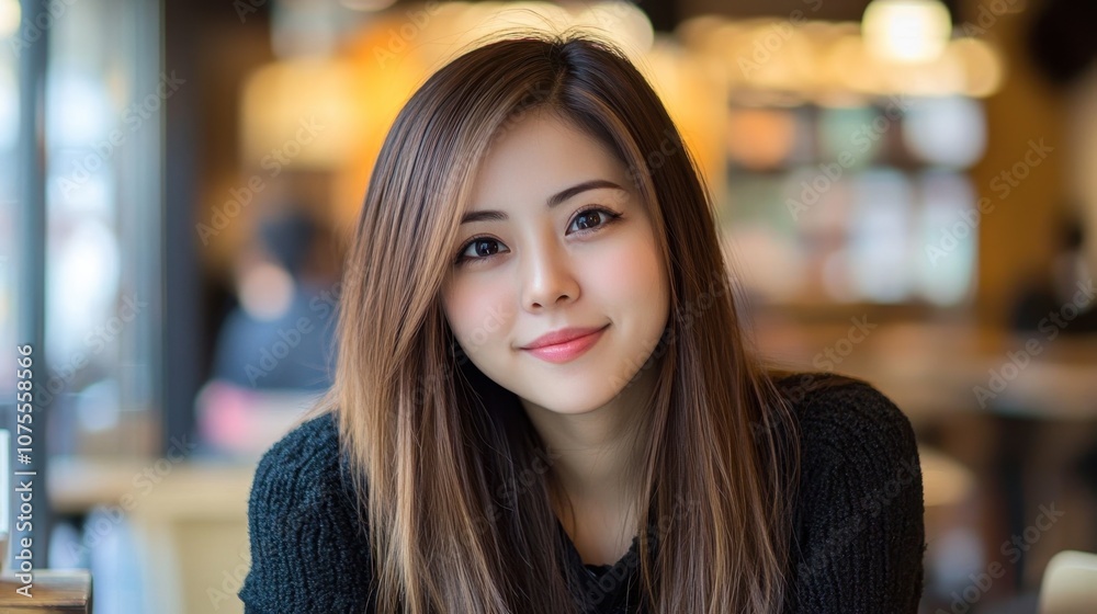 Smiling Young Woman in a Cozy Coffee Shop Setting Smiling Young Woman in a Cozy Coffee Shop Setting
