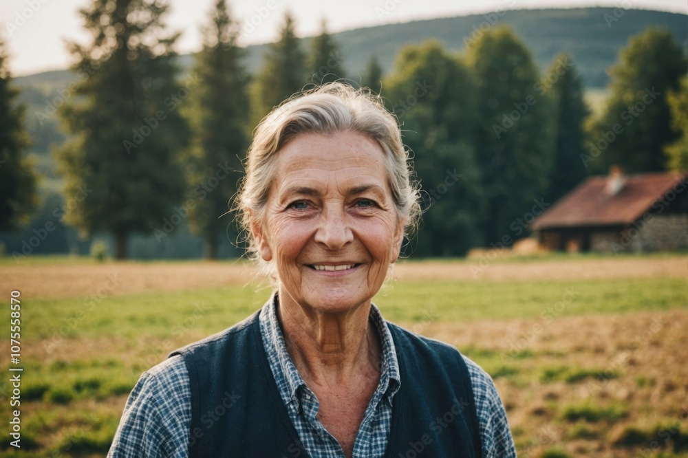 Close portrait of a smiling senior Czech female farmer standing and looking at the camera, outdoors Czech rural blurred background Close portrait of a smiling senior Czech female farmer standing and looking at the camera, outdoors Czech rural blurred background