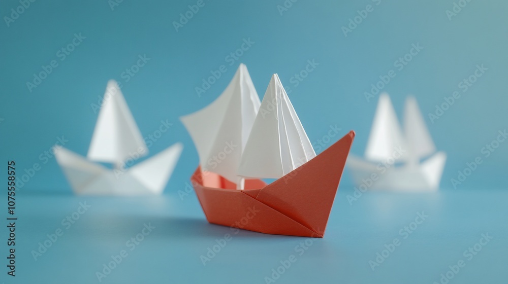 Red paper boat leading two white paper boats on a blue background.