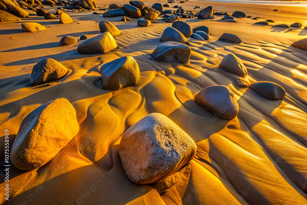 Fototapeta premium An artistic view of coastal rocks scattered across sandy terrain, illuminated by warm golden sunlight, creating intriguing textures and shadows.