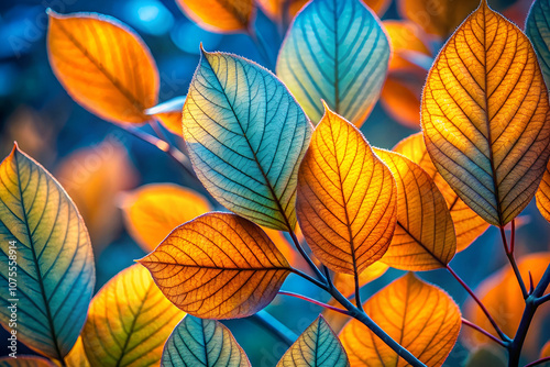 Vibrant autumn leaves in shades of orange and blue, showcasing intricate details against a softly blurred background.