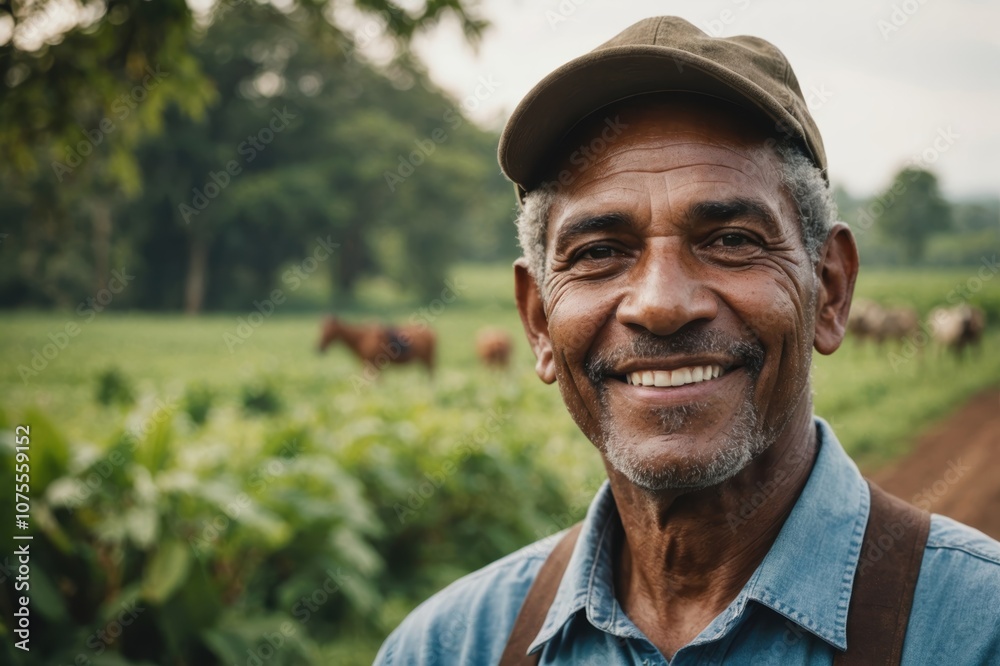 Close portrait of a smiling senior Dominican male farmer standing and looking at the camera, outdoors Dominican rural blurred background Close portrait of a smiling senior Dominican male farmer standing and looking at the camera, outdoors Dominican rural blurred background
