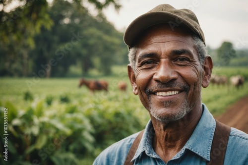 Close portrait of a smiling senior Dominican male farmer standing and looking at the camera, outdoors Dominican rural blurred background