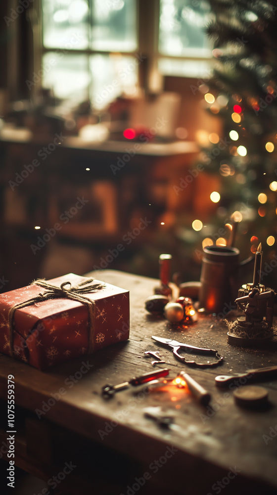 magic of the holiday season with beautifully wrapped gift, adorned with pine branches, a pine cone, and rustic twine. The warm, inviting atmosphere