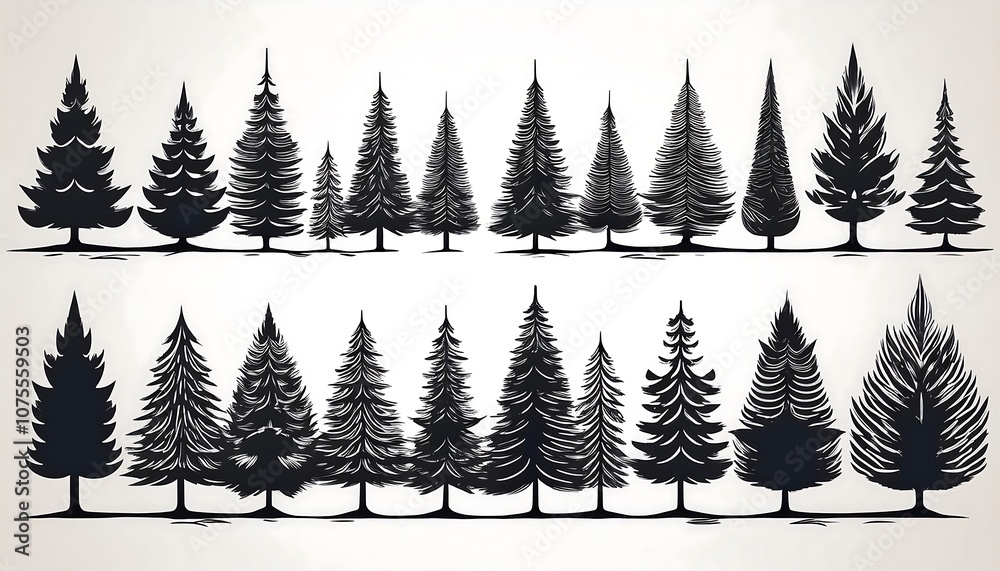 Obraz premium A set of fir trees, pine tree silhouettes with strokes, outlines, and fills, ideal for _1(572)
