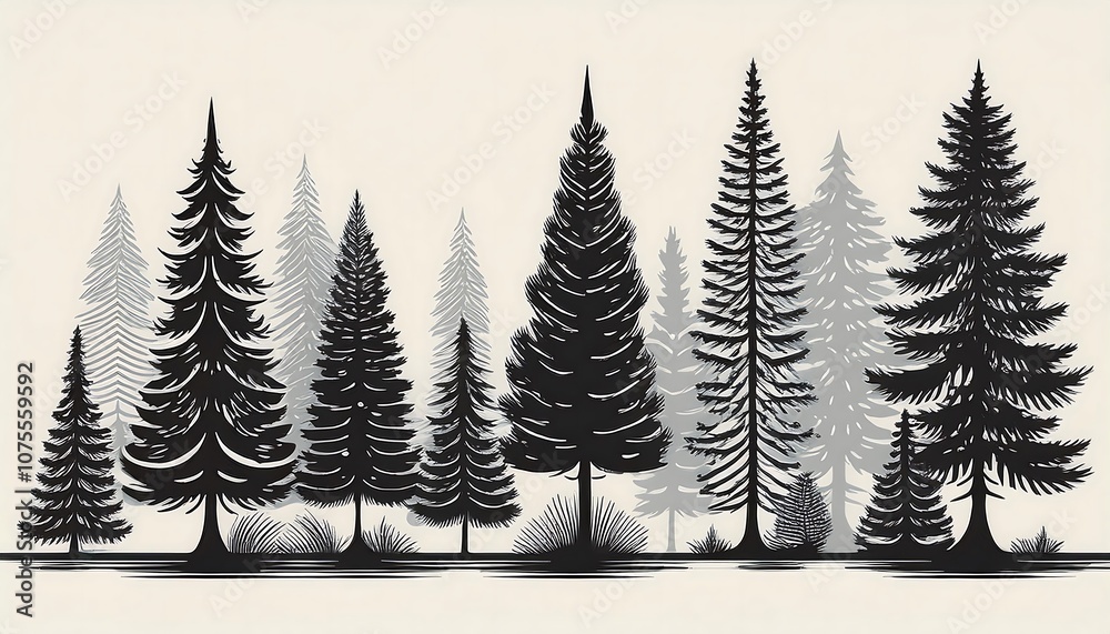 Obraz premium A set of fir trees, pine tree silhouettes with strokes, outlines, and fills, ideal for arch_1(570)