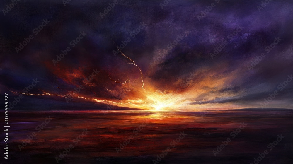 Fototapeta premium Dramatic Sunset Over Calm Ocean with Lightning Effects