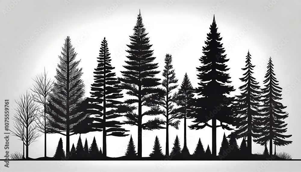 Obraz premium A set of fir trees, pine tree silhouettes with strokes, outlines, and fills, ideal for arch_1(569)