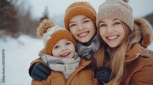 Happy family of three in winter clothes smiling together in snowy landscape.