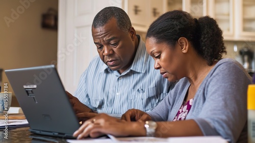 An older couple sits at their kitchen table, carefully looking at their laptop. They're paying bills and taxes online. They're focused on managing their finances.