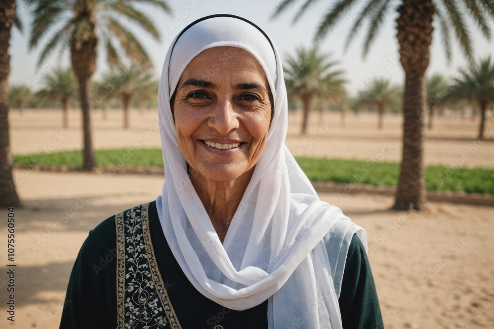Close portrait of a smiling senior Emirati female farmer standing and looking at the camera, outdoors Emirati rural blurred background Close portrait of a smiling senior Emirati female farmer standing and looking at the camera, outdoors Emirati rural blurred background