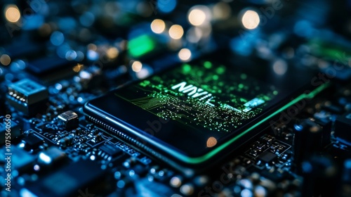 A phone displaying the NVIDIA logo with a blurry AI chip in the background. The photo was taken in the USA on February 15, 2024.