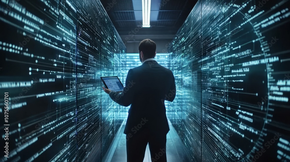 A businessman is using a virtual screen to explain cloud computing. The diagram shows how data is stored and shared online, highlighting the importance of backup and network connectivity. A businessman is using a virtual screen to explain cloud computing. The diagram shows how data is stored and shared online, highlighting the importance of backup and network connectivity.