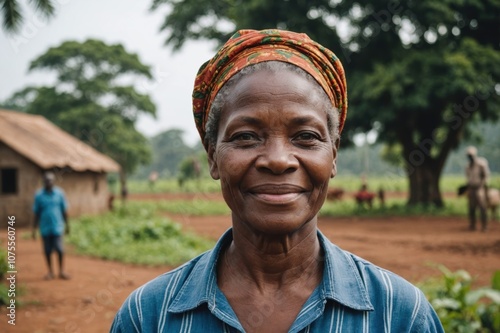 Close portrait of a smiling senior Equatorial Guinean female farmer standing and looking at the camera, outdoors Equatorial Guinean rural blurred background photo