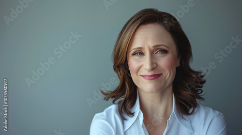 Retrato de mujer sonriente con camisa blanca en fondo neutro