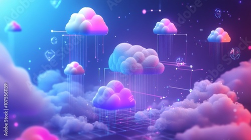 Different types of cloud symbols, including flat and 3D designs, connected to show the concept of data sharing across multiple clouds. photo