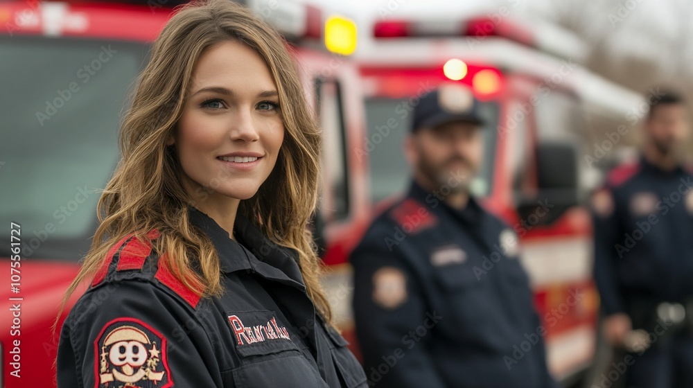 Obraz premium Female firefighter standing in front of a fire truck with two other firefighters behind her.