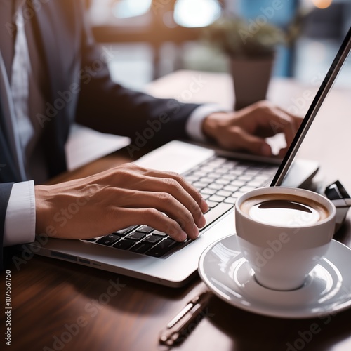 Business Typing on a Laptop While in a Coffee Shop