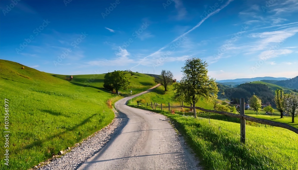 Fototapeta premium A narrow rural road winds through grassy hills and scattered trees under a blue sky in the _1(445)