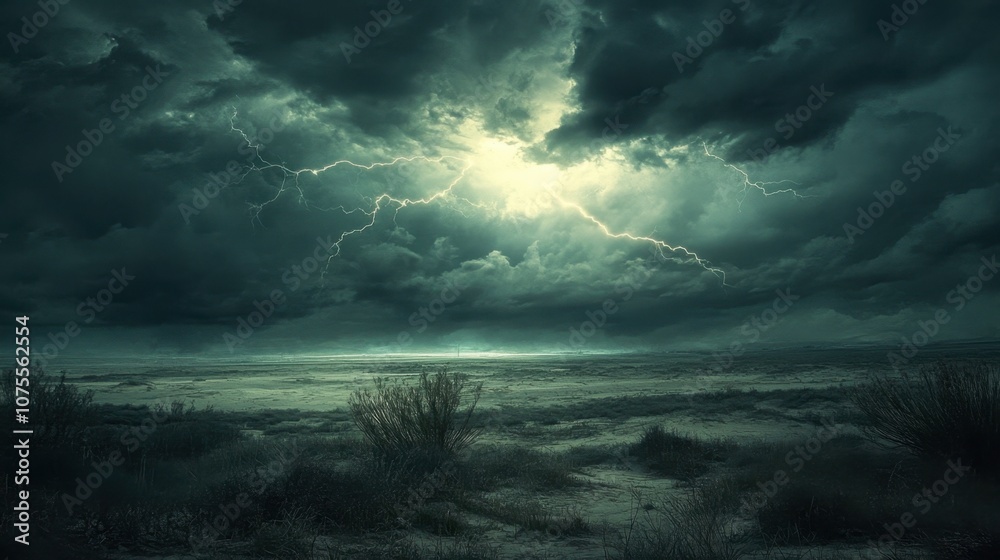 Dramatic Thunderstorm Over Dark Ocean Landscape Dramatic Thunderstorm Over Dark Ocean Landscape