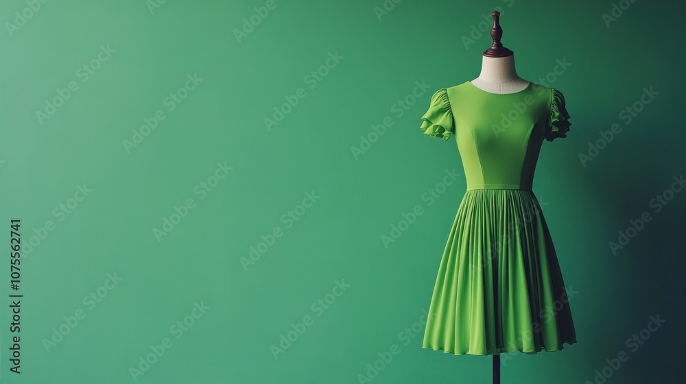 Green dress on a mannequin against a matching backdrop.