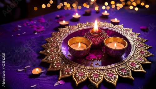  A majestic Diwali scene unfolds with a rich royal purple base adorned by intricate gold flo_1(401)