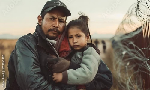 A Hispanic man holds a child in his arms, an illegal immigrant stands against the backdrop of barbed wire on the border between Mexico and America. emigration crisis in America and Texas