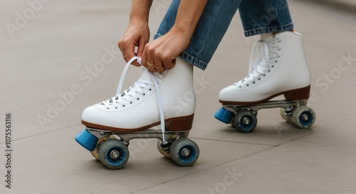 Close-up of person tying laces on white roller skates