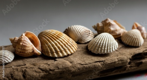 Assorted seashells on rough wooden surface