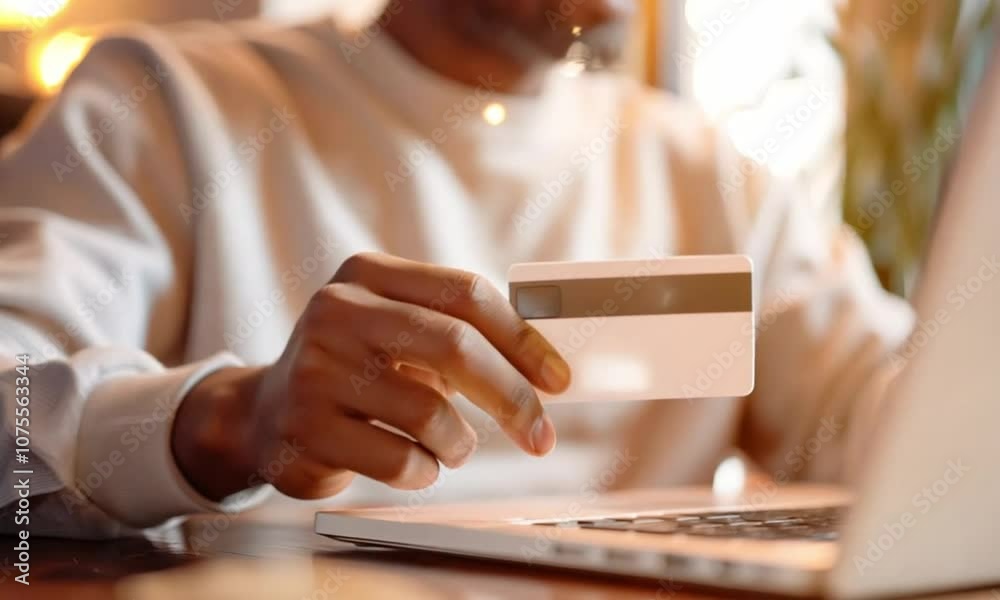 A Black man holding a blank white credit card while using a laptop, representing online payments, casual shopping, and digital transactions with copy space for text.
