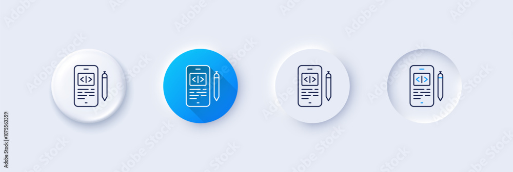 Phone code line icon. Neumorphic, Blue gradient, 3d pin buttons. Smartphone app sign. Cellphone mobile device symbol. Line icons. Neumorphic buttons with outline signs. Vector Phone code line icon. Neumorphic, Blue gradient, 3d pin buttons. Smartphone app sign. Cellphone mobile device symbol. Line icons. Neumorphic buttons with outline signs. Vector