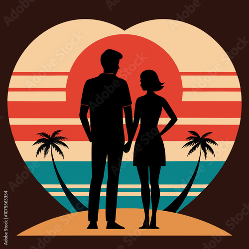 valentine day couple standing in beach black Silhouette on Retro Vintage Background  T- shirt Design