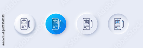 Phone code line icon. Neumorphic, Blue gradient, 3d pin buttons. Smartphone app sign. Cellphone mobile device symbol. Line icons. Neumorphic buttons with outline signs. Vector