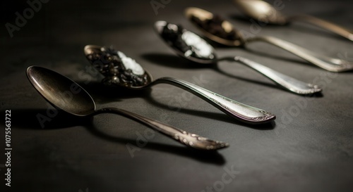 Vintage silver spoons collection on dark background photo