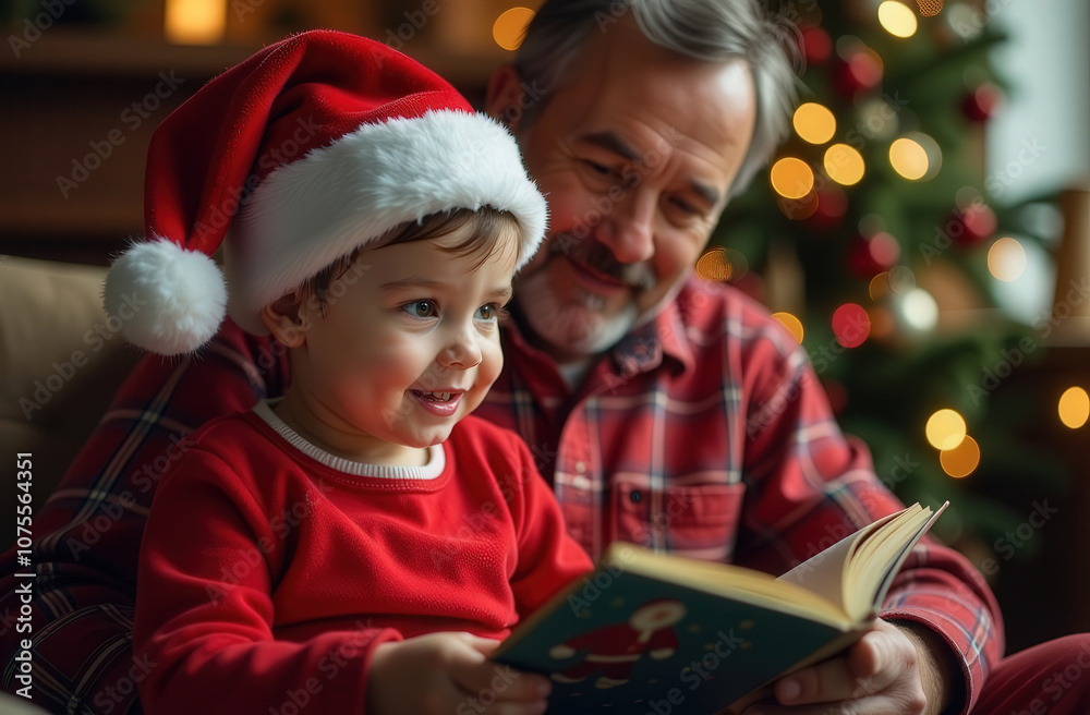 reading a Christmas story with grandpa and grandma. magical time for children 