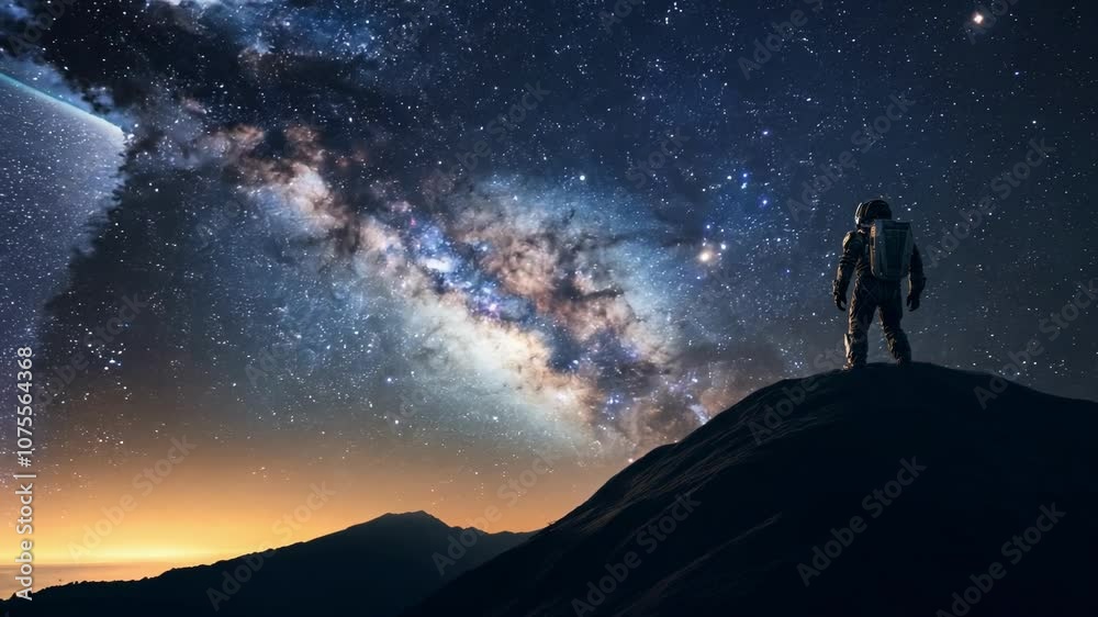 Astronaut standing on a mountain under a vast starry sky with the Milky Way galaxy, symbolizing exploration, wonder, and humanity’s connection to the universe Astronaut standing on a mountain under a vast starry sky with the Milky Way galaxy, symbolizing exploration, wonder, and humanity’s connection to the universe