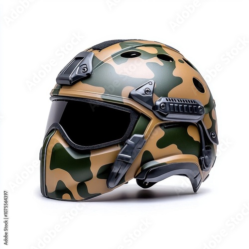 A photostock of a camouflage military helmet, perfect for army or tactical themes, isolated on white background, High Quality photo