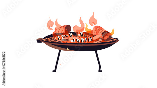 Grill with hot coals and food on it. The food is a mix of meat and vegetables flat vector illustration
