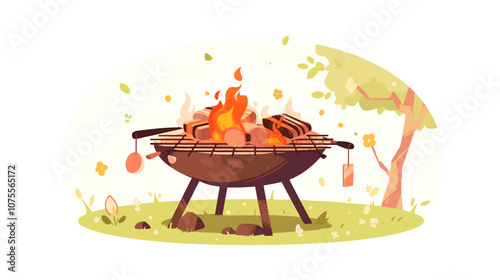 Grill with a fire on it. There are some flowers in the background. The flowers are yellow flat vector illustration