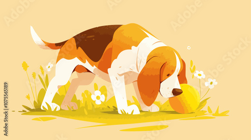 Dog is playing with a yellow ball in a field. The dog is brown and white. The ball is yellow and is in the dog's mouth flat vector illustration