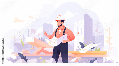 Man wearing a hard hat is drawing a plan. He is standing in front of a building flat vector illustration